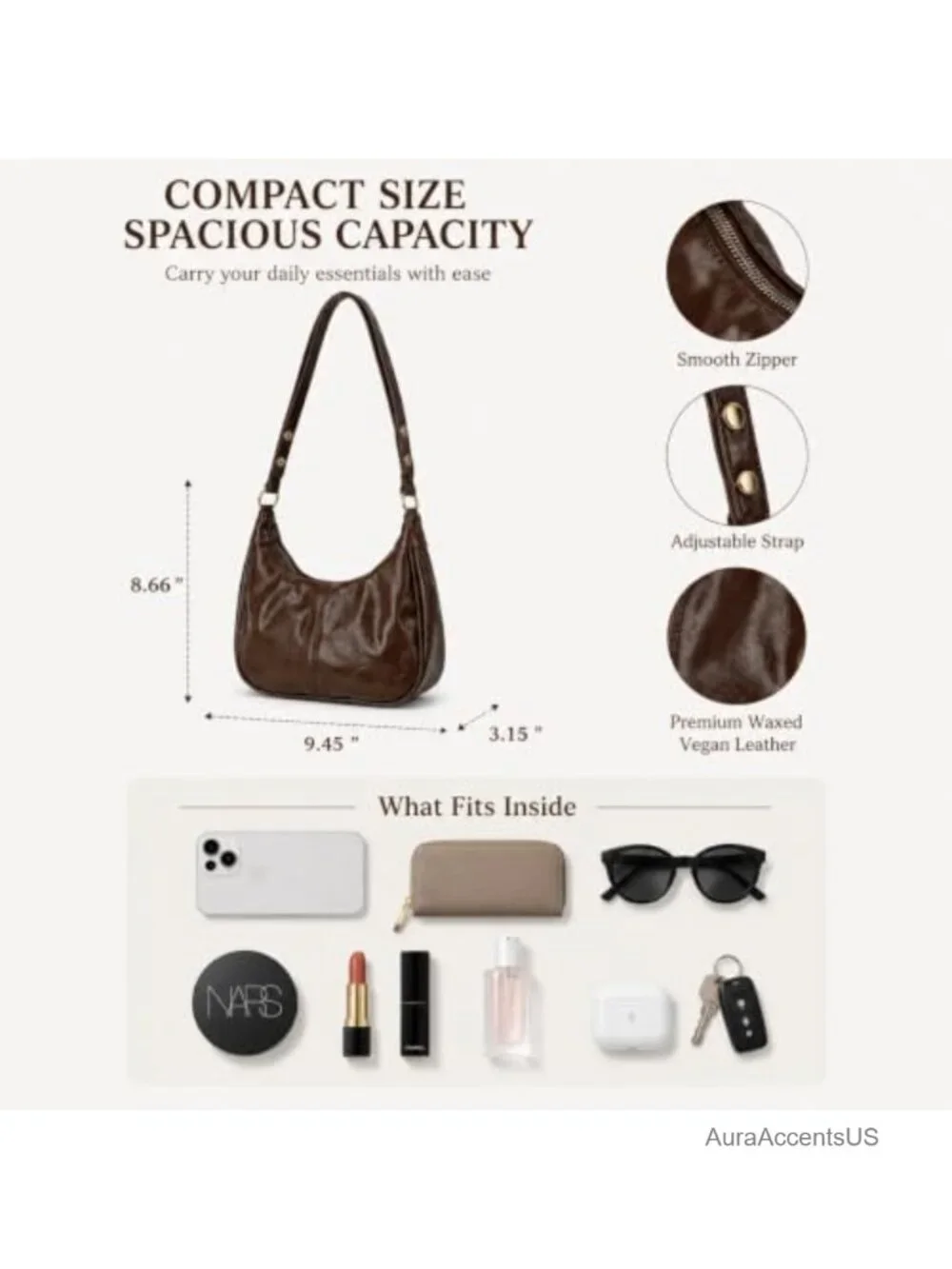 Small Hobo Bag Crescent Shoulder Purse Vegan Leather Brown